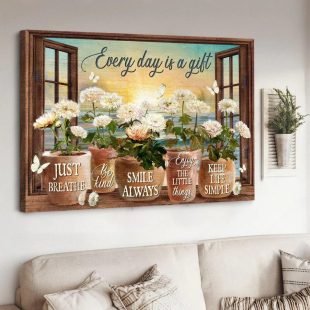 White Chrysanthemums Sunrise Ocean Every Days Is A Gift Canvas Wall Art