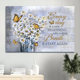 White Daisy Painting Yellow Butterfly Every Day Is A New Beginning Canvas Wall Art