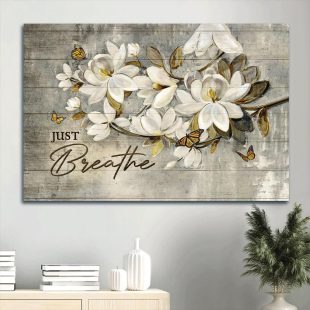 White Flower Painting Monarch Butterfly Just Breathe Canvas Wall Art