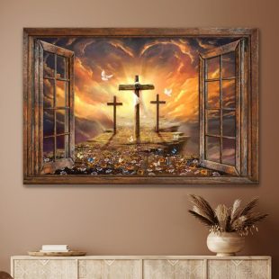 Window Frame Sunset Painting Path To Heaven Cross Jesus Canvas Wall Art