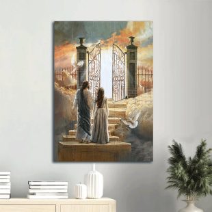 Woman Jesus Painting Flying Dove Heaven Door Canvas Wall Art