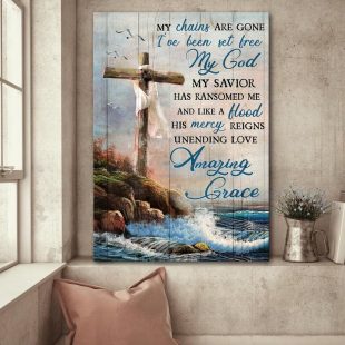 Wooden Cross Sea My Chains Are Gone Jesus Canvas Wall Art