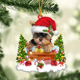 Cute Yorkshire Terrier In The Chimney Christmas Ornament Hanging Decor