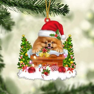 Pomeranian In The Chimney Christmas Ornament Hanging Decor