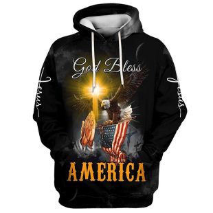 Praying Hand Eagle US Flag Christ Cross God Bless America 3D Hoodies - Christmas Gift