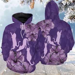 Purple Hibiscus Cat All Over Print 3D Hoodie For Men And Women - Christmas Gift