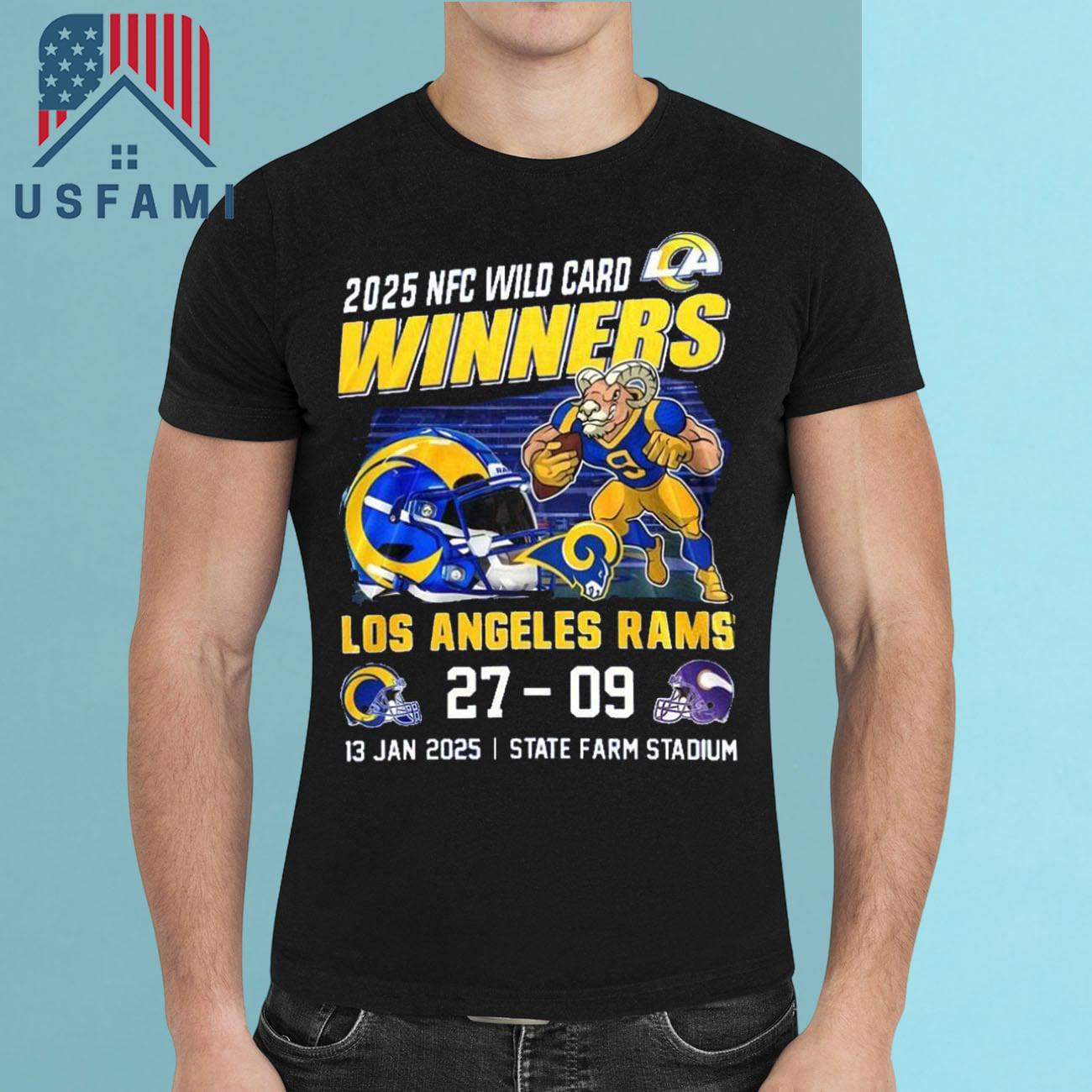 Los Angeles Rams NFC Wild Card 2025 Winners Minnesota Vikings 27-09 Mascot Jan 13, 2025 T-Shirt Los Angeles Rams NFC Wild Card 2025 Winners Minnesota Vikings 27-09 Mascot Jan 13, 2025 T-Shirt