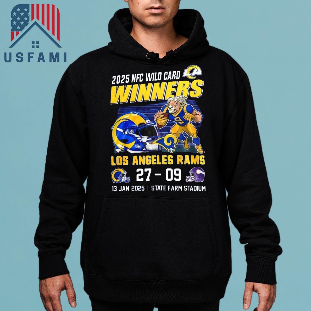 Los Angeles Rams NFC Wild Card 2025 Winners Minnesota Vikings 27-09 Mascot Jan 13, 2025 T-Shirt Los Angeles Rams NFC Wild Card 2025 Winners Minnesota Vikings 27-09 Mascot Jan 13, 2025 T-Shirt