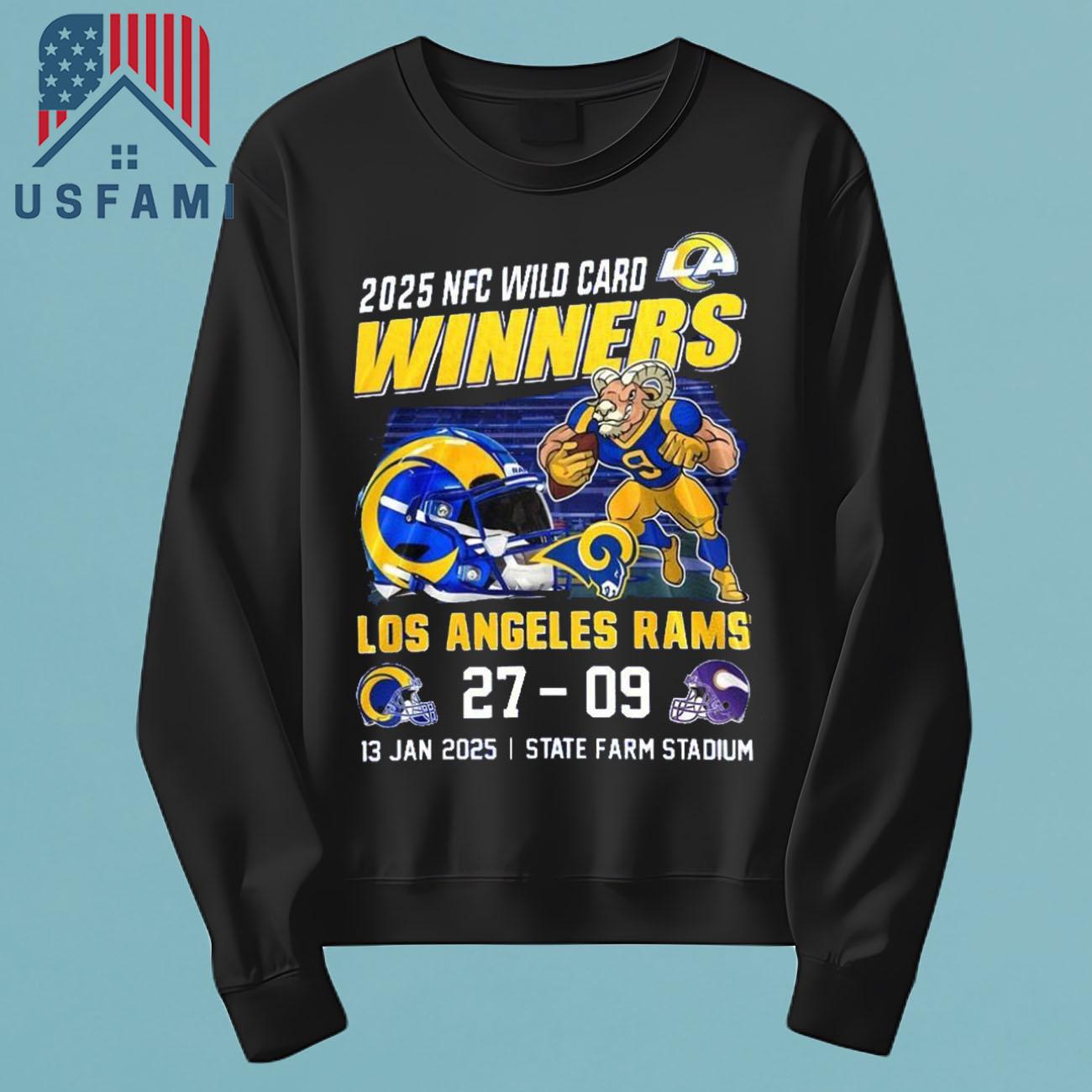 Los Angeles Rams NFC Wild Card 2025 Winners Minnesota Vikings 27-09 Mascot Jan 13, 2025 T-Shirt Los Angeles Rams NFC Wild Card 2025 Winners Minnesota Vikings 27-09 Mascot Jan 13, 2025 T-Shirt