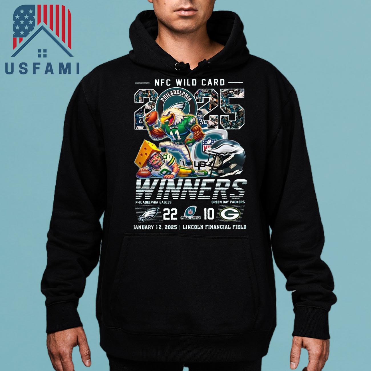 Philadelphia Eagles NFC Wild Card 2025 Winners 22-10 Green Bay Packers Jan 12, 2025 Mascot T-Shirt Philadelphia Eagles NFC Wild Card 2025 Winners 22-10 Green Bay Packers Jan 12, 2025 Mascot T-Shirt