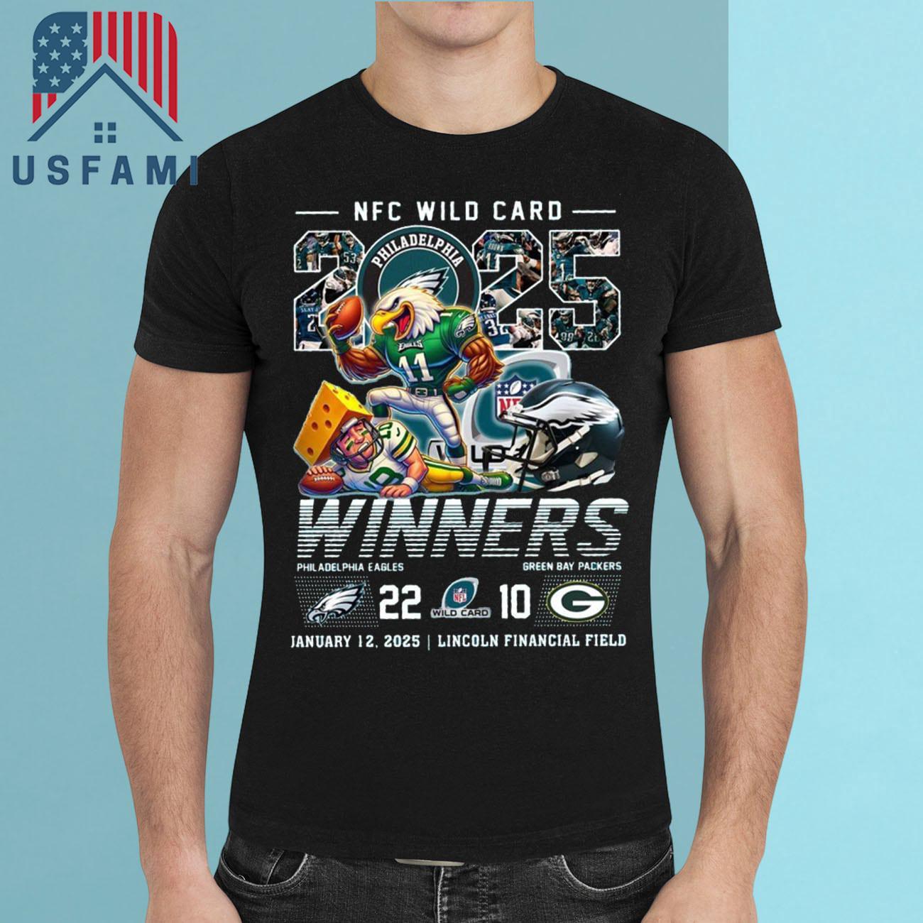 Philadelphia Eagles NFC Wild Card 2025 Winners 22-10 Green Bay Packers Jan 12, 2025 Mascot T-Shirt Philadelphia Eagles NFC Wild Card 2025 Winners 22-10 Green Bay Packers Jan 12, 2025 Mascot T-Shirt
