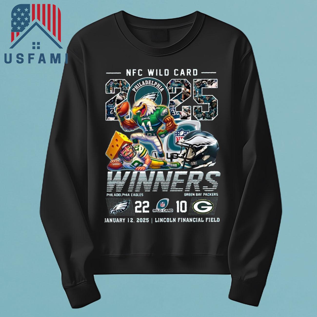 Philadelphia Eagles NFC Wild Card 2025 Winners 22-10 Green Bay Packers Jan 12, 2025 Mascot T-Shirt Philadelphia Eagles NFC Wild Card 2025 Winners 22-10 Green Bay Packers Jan 12, 2025 Mascot T-Shirt