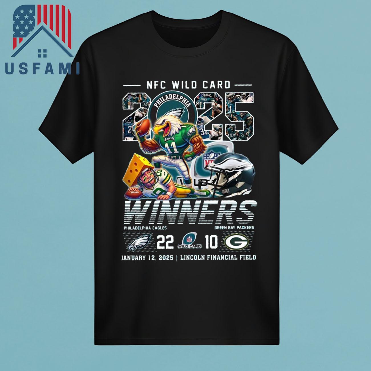 Philadelphia Eagles NFC Wild Card 2025 Winners 22-10 Green Bay Packers Jan 12, 2025 Mascot T-Shirt Philadelphia Eagles NFC Wild Card 2025 Winners 22-10 Green Bay Packers Jan 12, 2025 Mascot T-Shirt