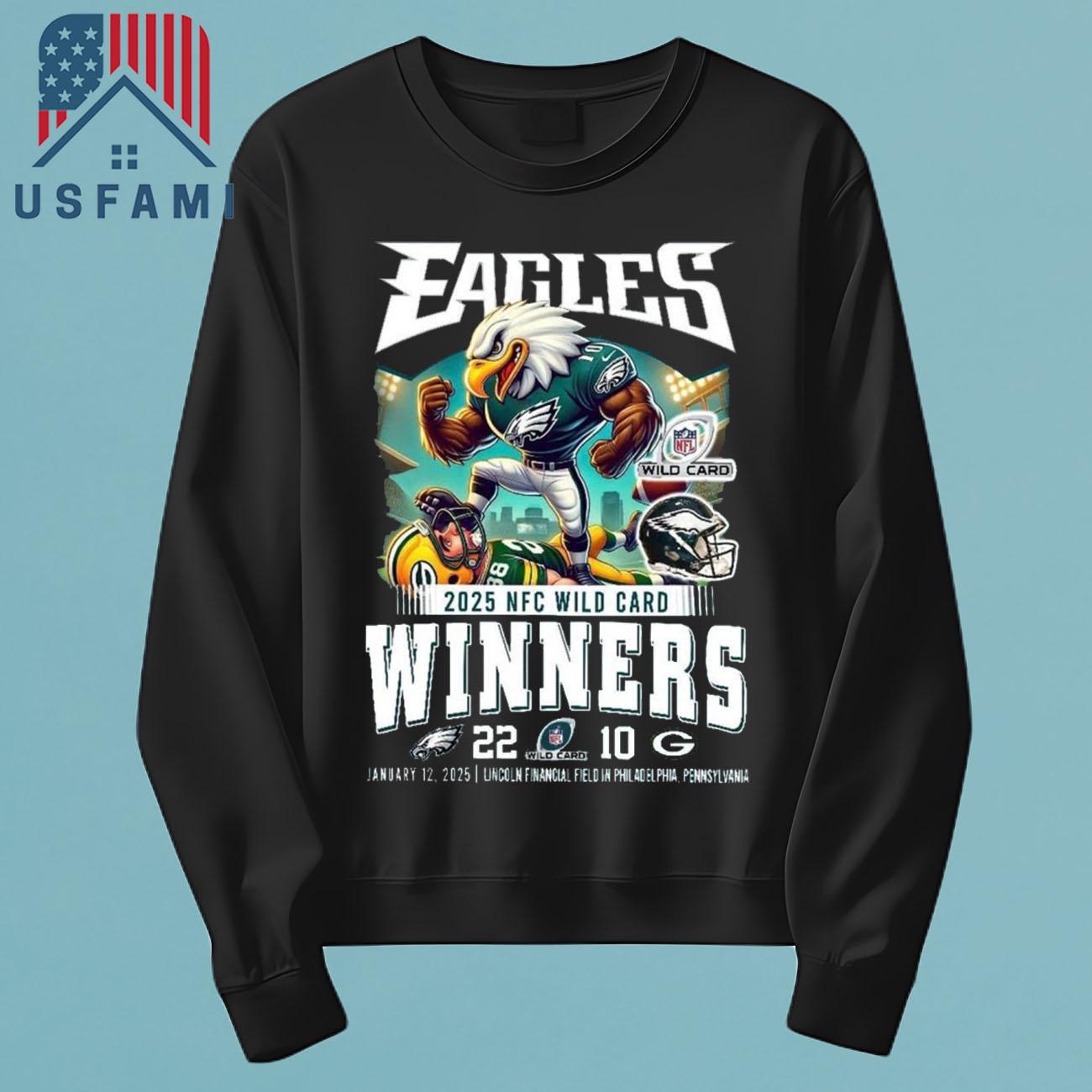 Philadelphia Eagles NFC Wild Card 2025 Winners 22-10 Jan 12, 2025 Mascot T-Shirt Philadelphia Eagles NFC Wild Card 2025 Winners 22-10 Jan 12, 2025 Mascot T-Shirt