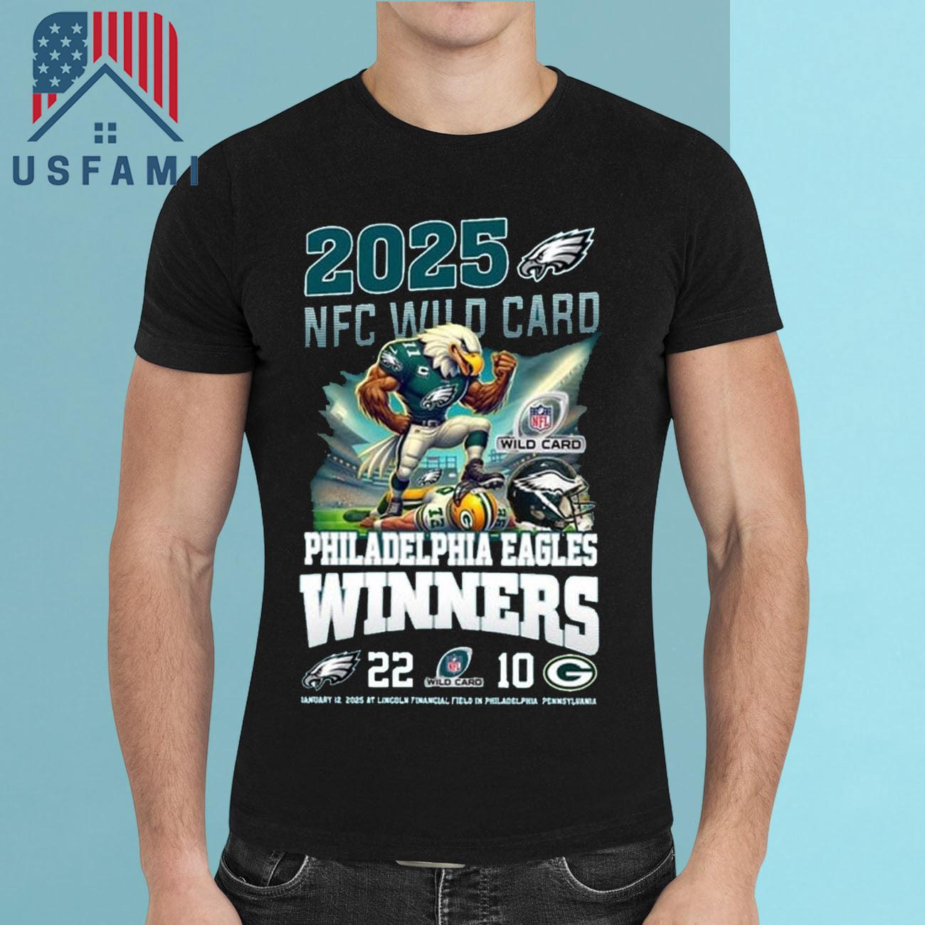 Philadelphia Eagles NFC Wild Card 2025 Winners 22-10 Mascot T-Shirt Philadelphia Eagles NFC Wild Card 2025 Winners 22-10 Mascot T-Shirt
