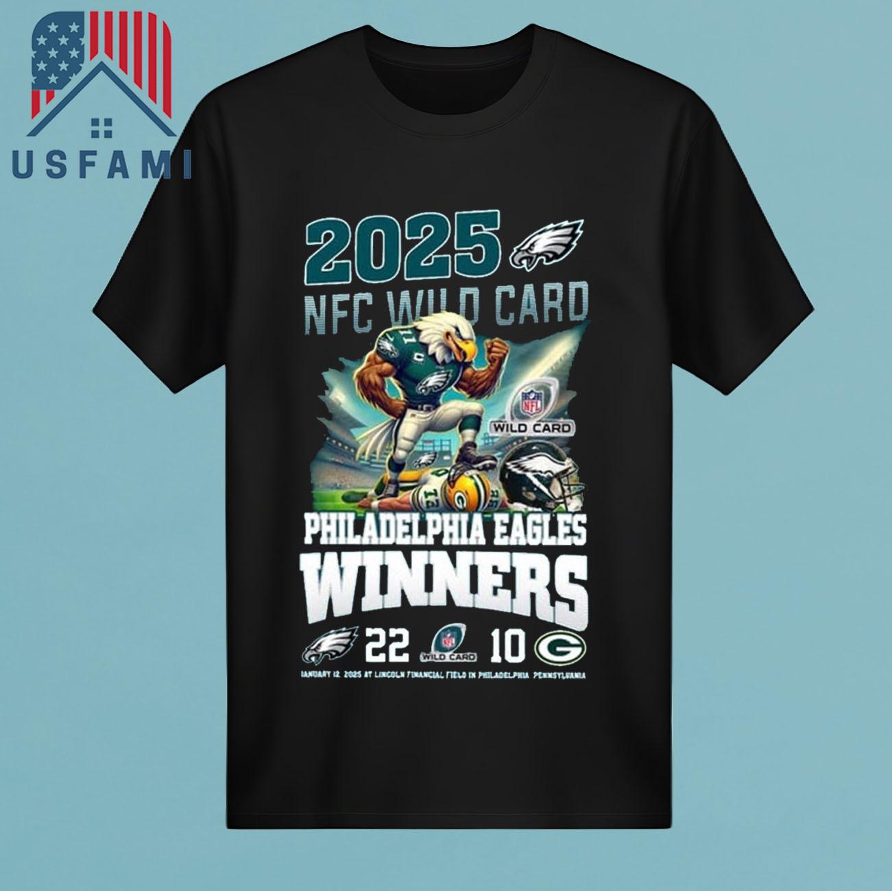 Philadelphia Eagles NFC Wild Card 2025 Winners 22-10 Mascot T-Shirt Philadelphia Eagles NFC Wild Card 2025 Winners 22-10 Mascot T-Shirt
