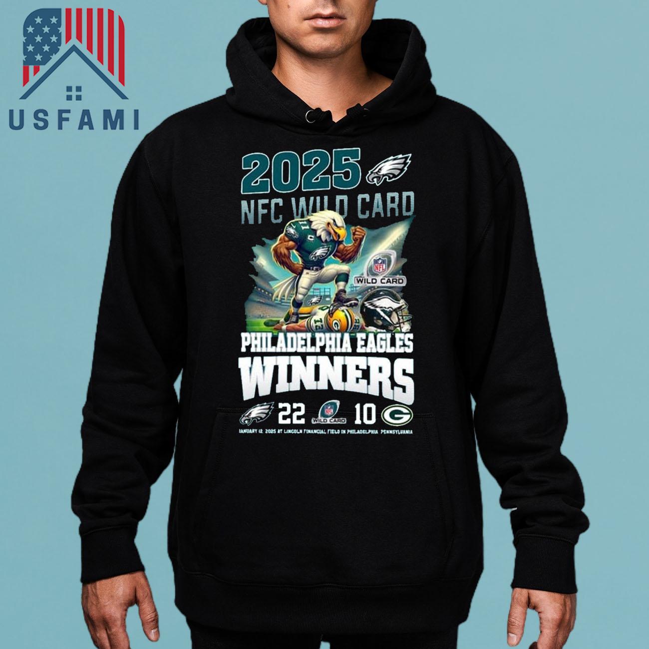 Philadelphia Eagles NFC Wild Card 2025 Winners 22-10 Mascot T-Shirt Philadelphia Eagles NFC Wild Card 2025 Winners 22-10 Mascot T-Shirt