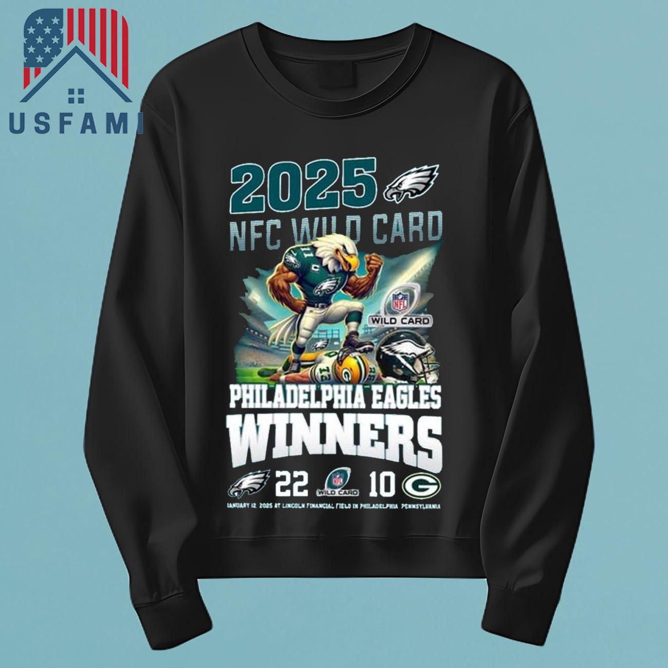 Philadelphia Eagles NFC Wild Card 2025 Winners 22-10 Mascot T-Shirt Philadelphia Eagles NFC Wild Card 2025 Winners 22-10 Mascot T-Shirt